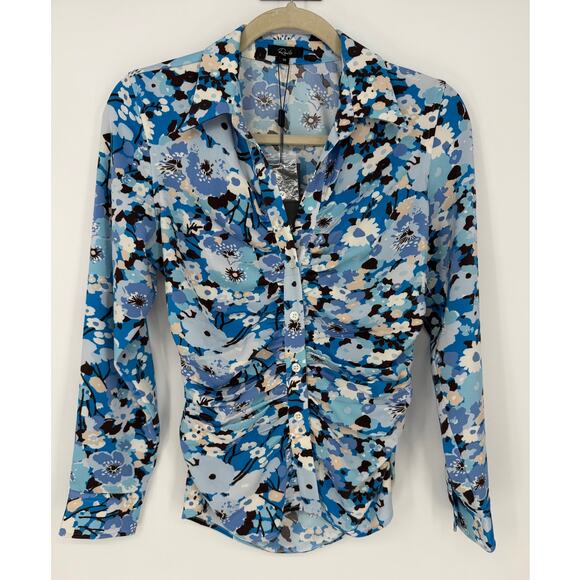 Rails Blouse Lisa Top Zinnia Blue Floral Print Sz XS Nwt Ruched 70s Buttondown - Picture 2 of 6